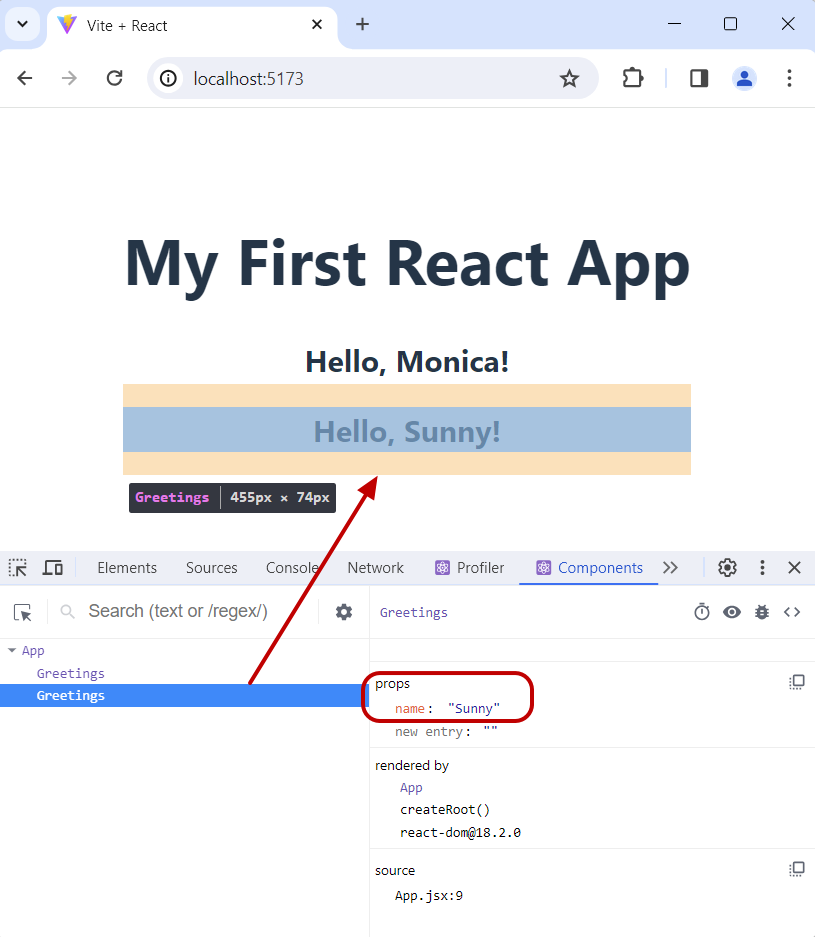 React Developer Tools in action. It shows the components and their hierarchy, the highlighted browser area when you click on a component. You can also see the component props in the side panel